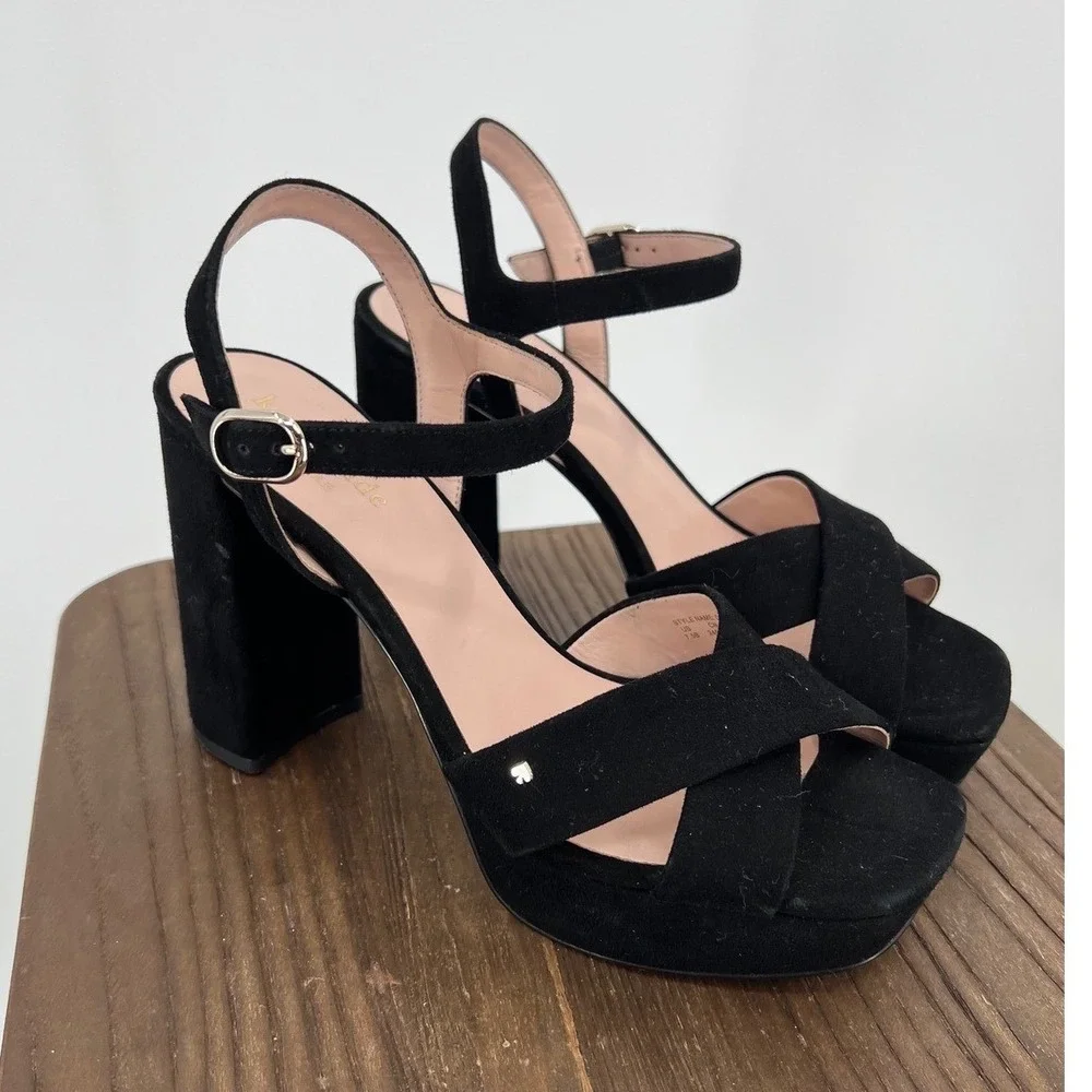 Kate Spade Delia Black Suede Platform Block Heel‎ Sandals Square Toe Strap 7.5B